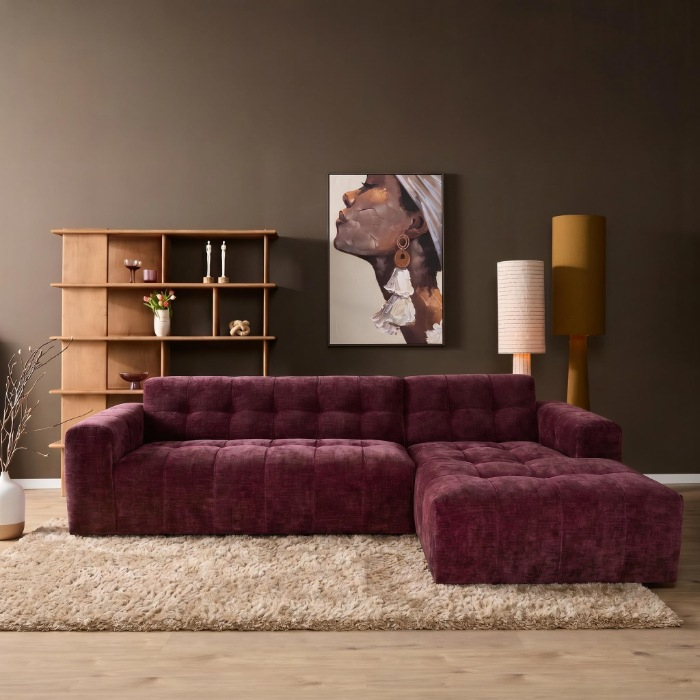 Paarse hoekbank Ruby met loungedeel rechts sfeerbeeld woonkamer