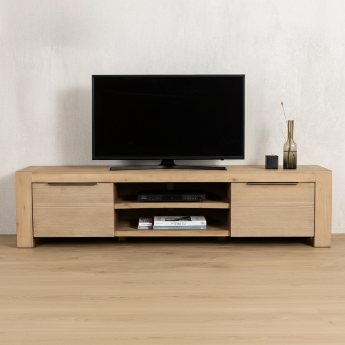 Tv meubel acaciahout met twee deuren en open vakken.