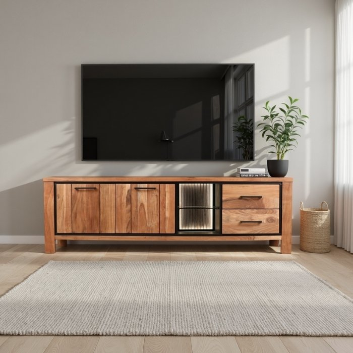 Acaciahouten tv meubel met verlichting en glas.