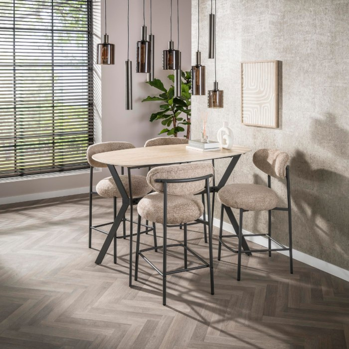Bartafel deens ovaal 140 cm Axel keramiek travertinlook stalen frame - sfeerfoto 1