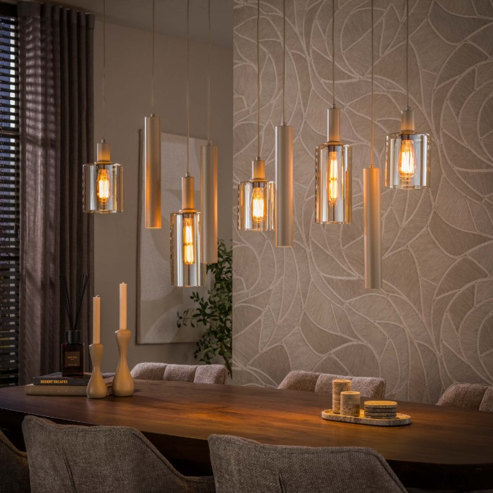 Beige hanglamp eettafel Sella 116 cm met 9 lampen - sfeerfoto 1