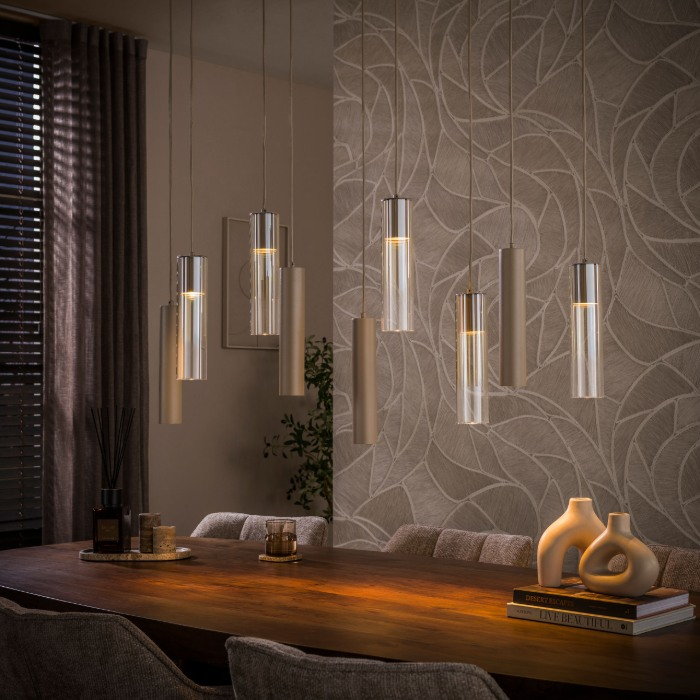 Beige hanglamp eettafel Teodor 109 cm met 9 lampen - sfeerfoto 1