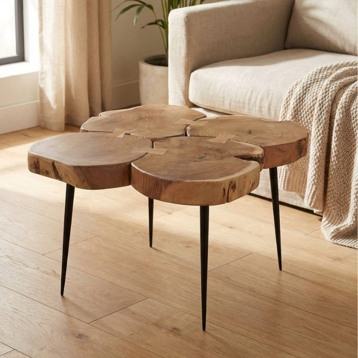 Boomstam bijzettafel met zwart staal.