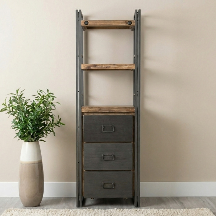 Boekenkast industrieel met lades.