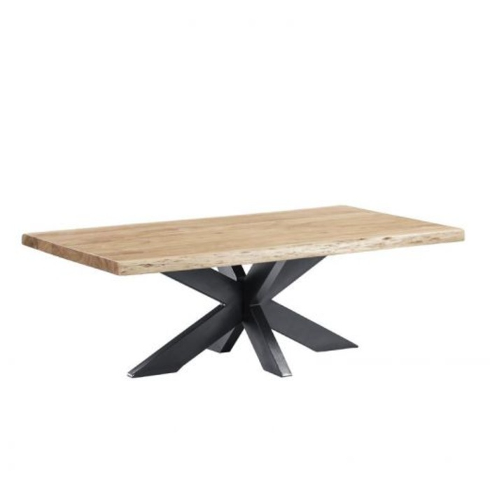 Boomstam salontafel Live Edge met acaciahout blad en zwart metalen kruispoot 120 cm