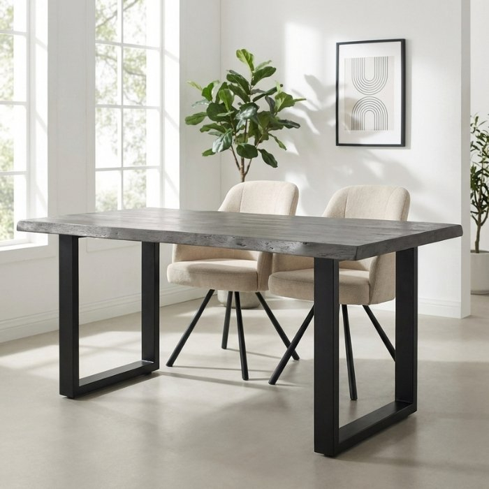 Boomstam eettafel 160 cm grijs acaciahout met U-onderstel.