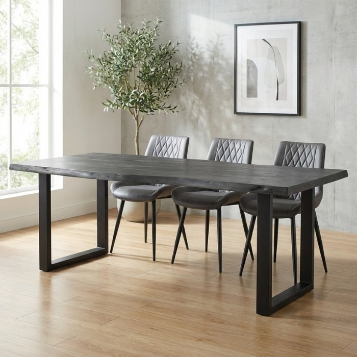 Boomstam eettafel 200 cm grijs acaciahout met U-onderstel.