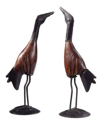 Reigers van metaal met hout: Decoratieve vogels. 30 cm hoog