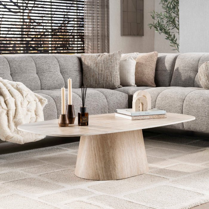 Deens ovale salontafel travertinlook 135 cm Cara - sfeerfoto 1