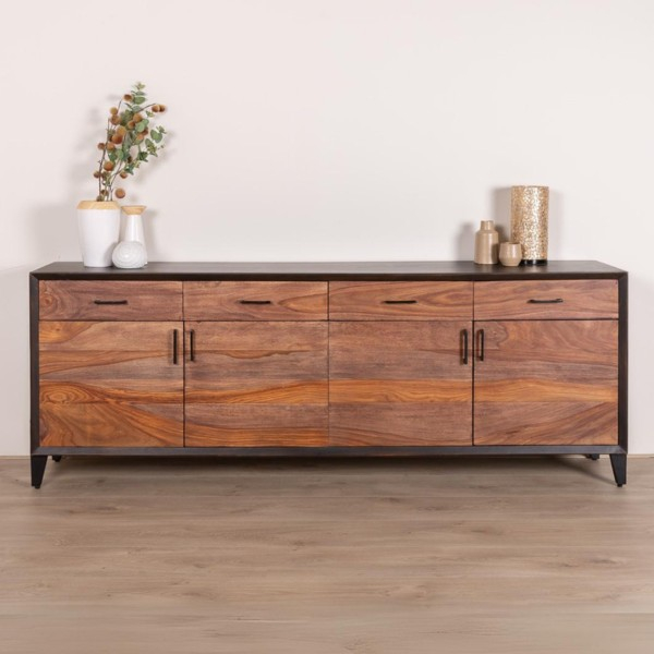 Donkerhouten dressoir 220 cm breed met vier lades en vier deuren.