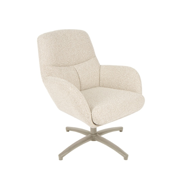 Draaifauteuil Carlijn in crème bouclé met taupe voet, schuin van voren
