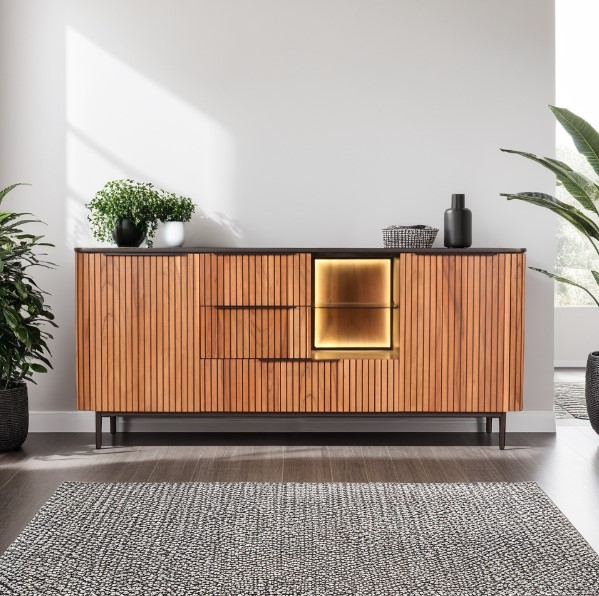 Acaciahouten dressoir met ronde hoeken.