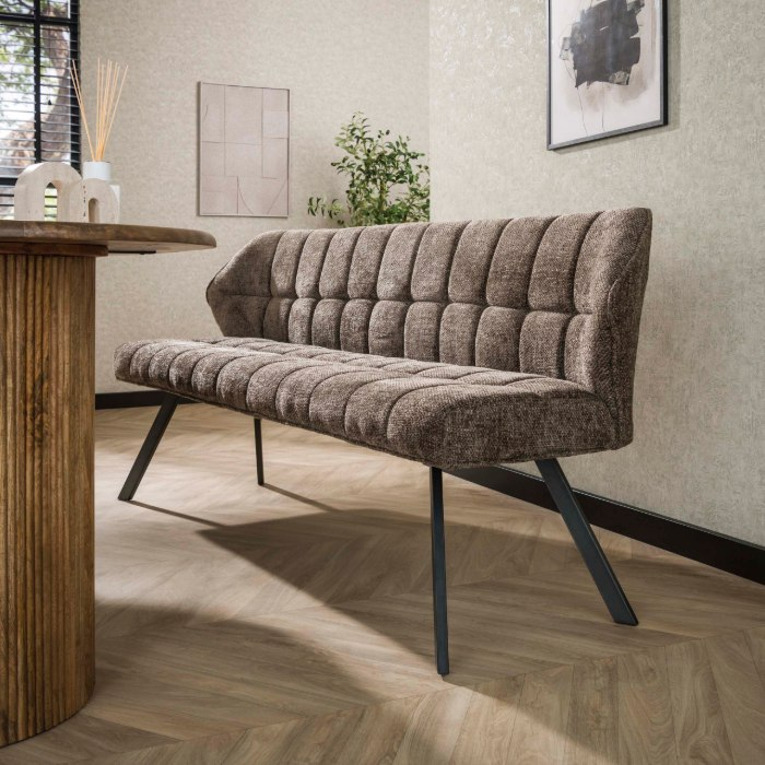Eetkamerbank 180 cm Arno taupe chenille met armleuningen - sfeerfoto 1