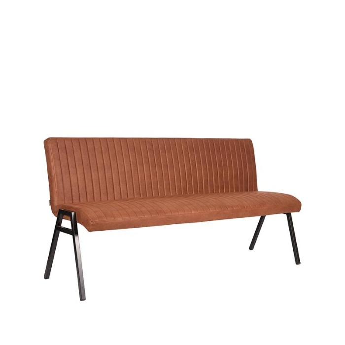 Eetkamerbank met rugleuning Mex in cognac microvezel, schuin van voren