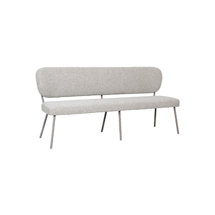 Eetkamerbank met rugleuning Sem 160 cm in crème bouclé met taupe poten, schuin van voren