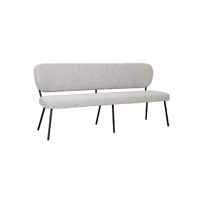 Eetkamerbank met rugleuning Sem 160 cm in crème bouclé met zwarte poten, schuin van voren