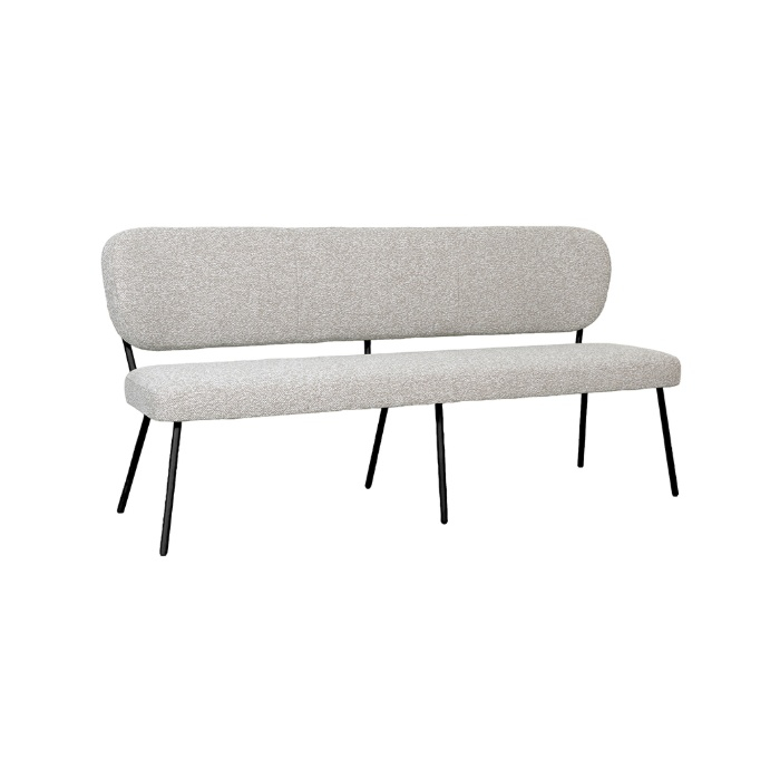 Eetkamerbank met rugleuning Sem 190 cm in crème bouclé met zwarte poten, schuin van voren