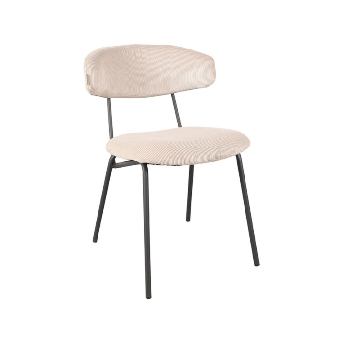 Eetkamerstoel Zeger in beige ribstof met ronde rug, schuin van voren