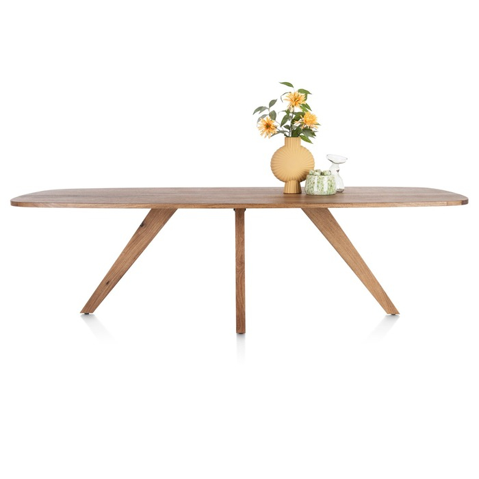 Eettafel Everest 270 cm, gelakt mangohouten blad met ronde koppen en vier schuine houten poten in twee paren, zijaanzicht