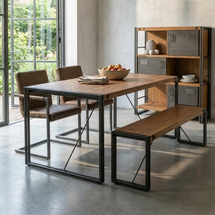 Industriële eettafel met grijs metalen onderstel en open kast