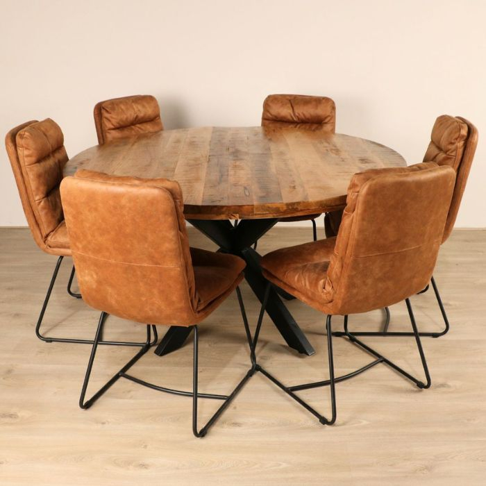 Eethoek mangohout 140cm rond, met zes stoelen in stof cognac.