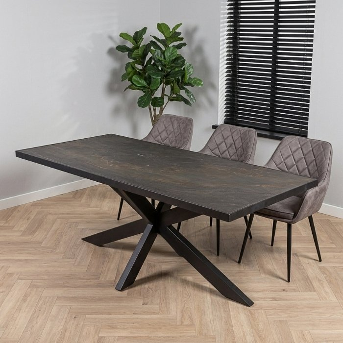 Rechthoekige eettafel met spinpoot en natuursteen blad