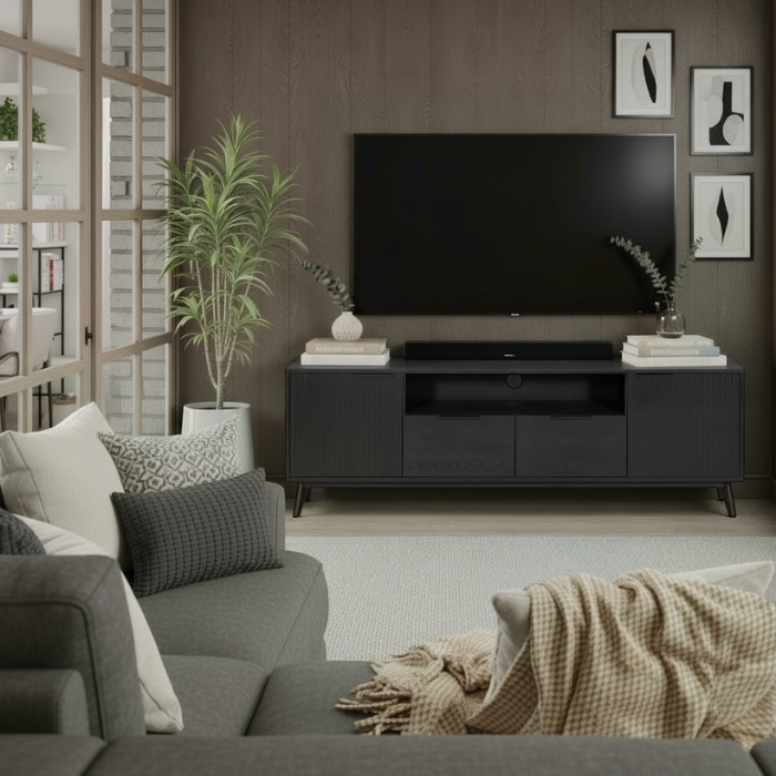 Sfeerafbeelding van het eiken tv meubel zwart van 180 cm. 