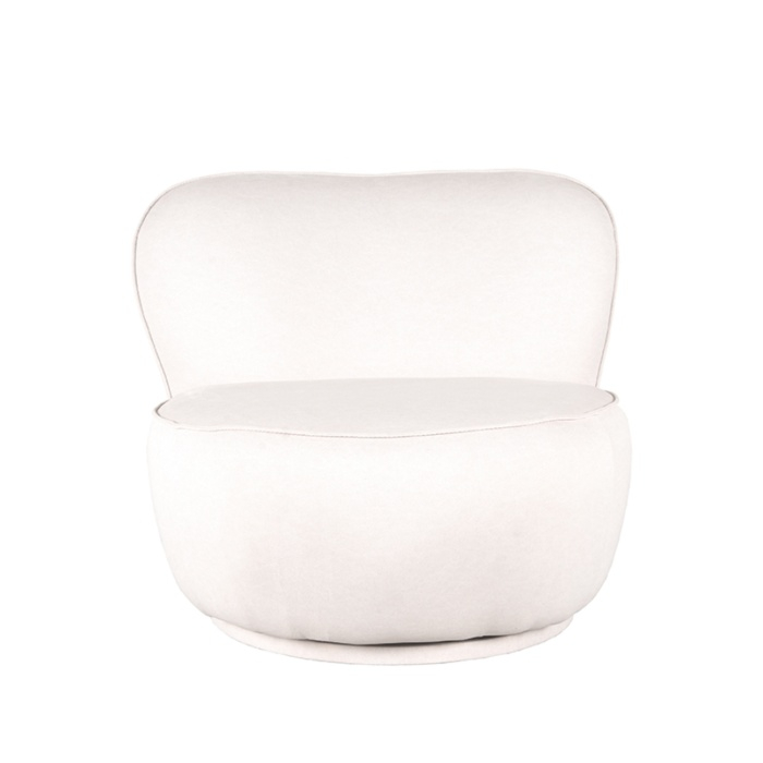 Ronde fauteuil Babette gebroken wit met zachte stof, recht van voren