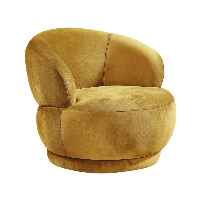 Fauteuil met armleuning Lukas in okergeel velvet, schuin van voren