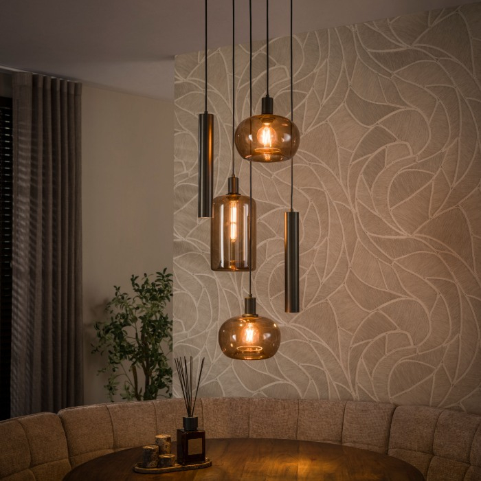 Getrapte hanglamp vide Nika bruin met 5 lampen - sfeerfoto 1