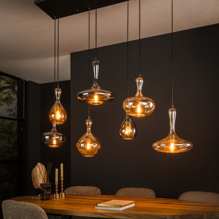 Glazen hanglamp eettafel Selma met 7 lampen zwart - sfeerfoto 1