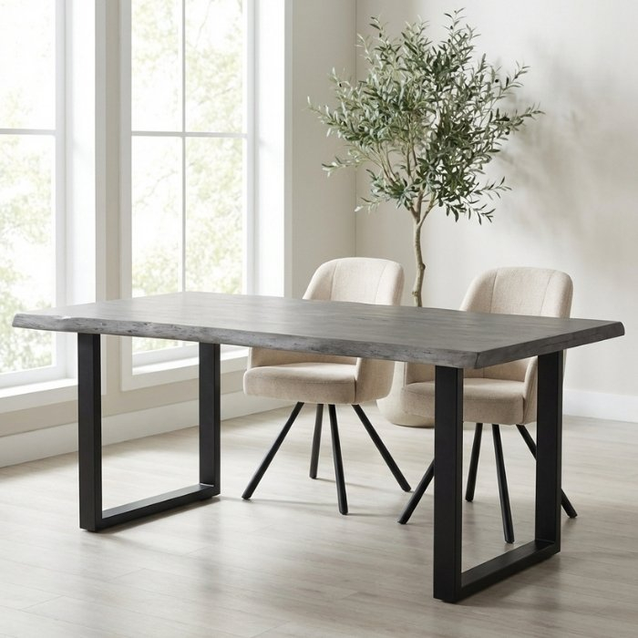 Boomstam eettafel 180 cm grijs acaciahout met U-onderstel.