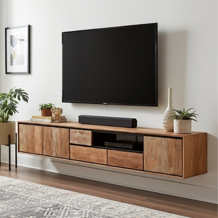 Hangend tv meubel teakhout 235 cm breed.