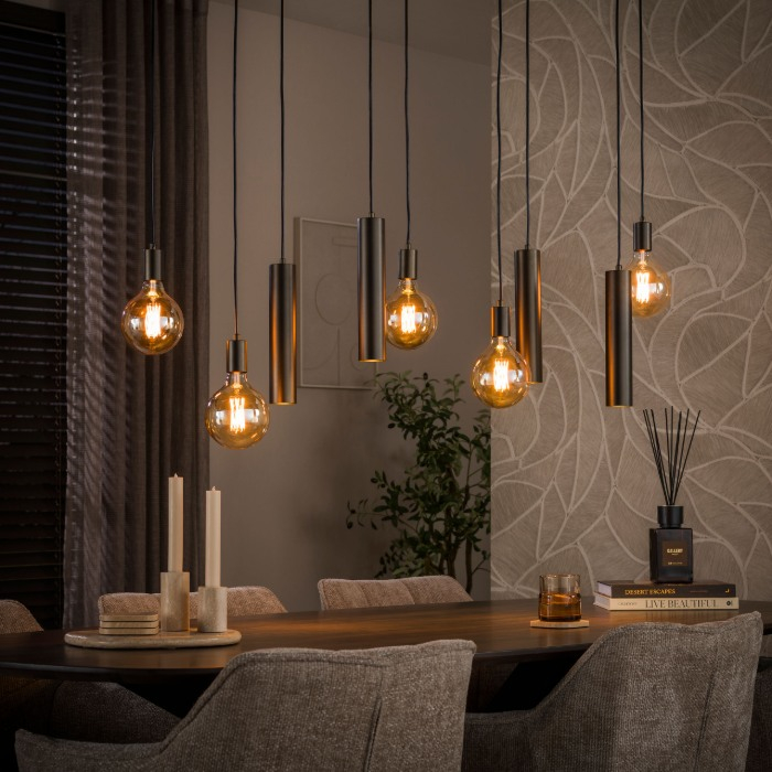 Hanglamp bruin met 9 lampen en cilinders Gaspar - sfeerfoto 1