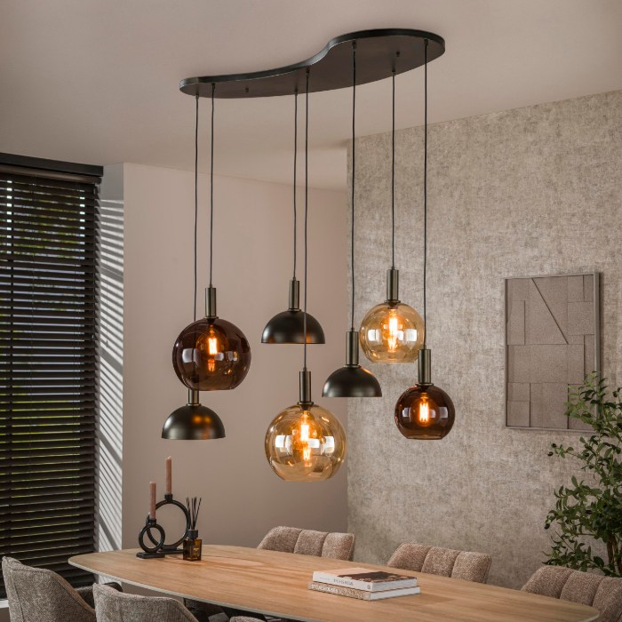 Hanglamp bruin glas en metaal Tilo met 7 lampen - sfeerfoto 1