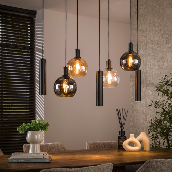 Hanglamp glazen bollen 7 lampen Makalu zwart - sfeerfoto 1