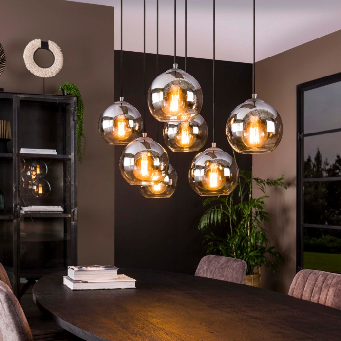 Hanglamp smoke glas 7 lampen Lotta oud zilver - sfeerfoto 1