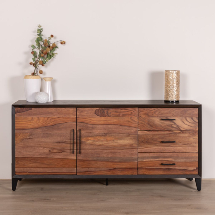 Donker houten dressoir. 175cm met 2 deuren en 3 laden