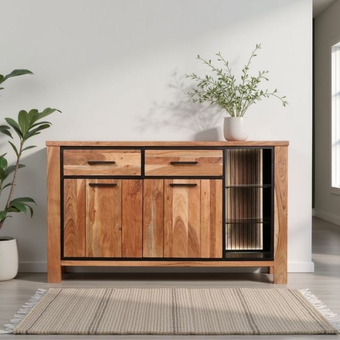 Houten dressoir 135 cm met 2 lades, 2 deuren en open vakken met glazen planken en led verlichting.