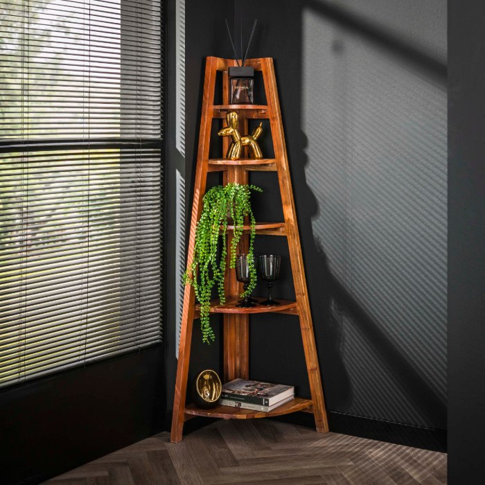Houten hoekrek met 5 klapschappen Kima naturel - sfeerfoto 1