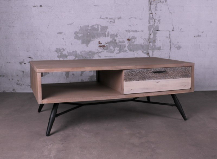 houten salontafel goedkoop. Acaciahout met stalen onderstel en 2 laden.