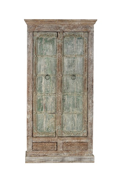 Hele grote Indiase kast met oude groene deuren en twee laden