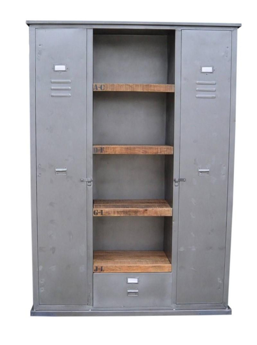 Lockerkast grijs met planken van mangohout.