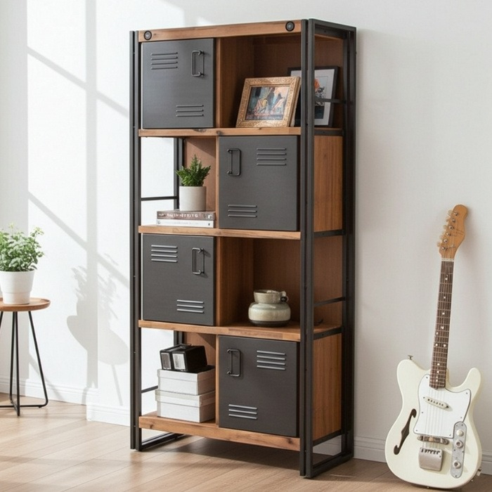 Kast industrieel acaciahout met grijs metaal.