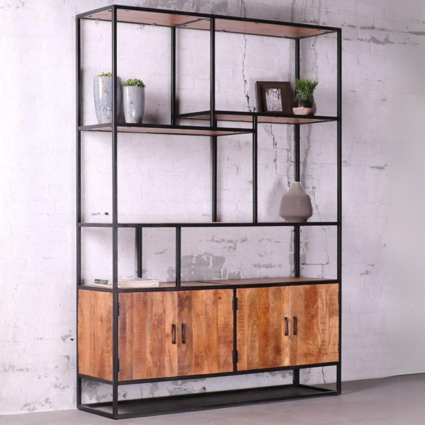 Industriële boekenkast met 4 deuren en open vakken