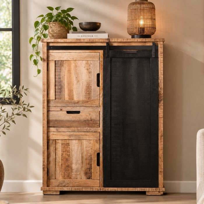 Kast zwart mangohout met schuifdeur