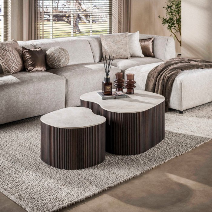 Keramische salontafelset natuursteenlook Arda 90 cm - sfeerfoto 1