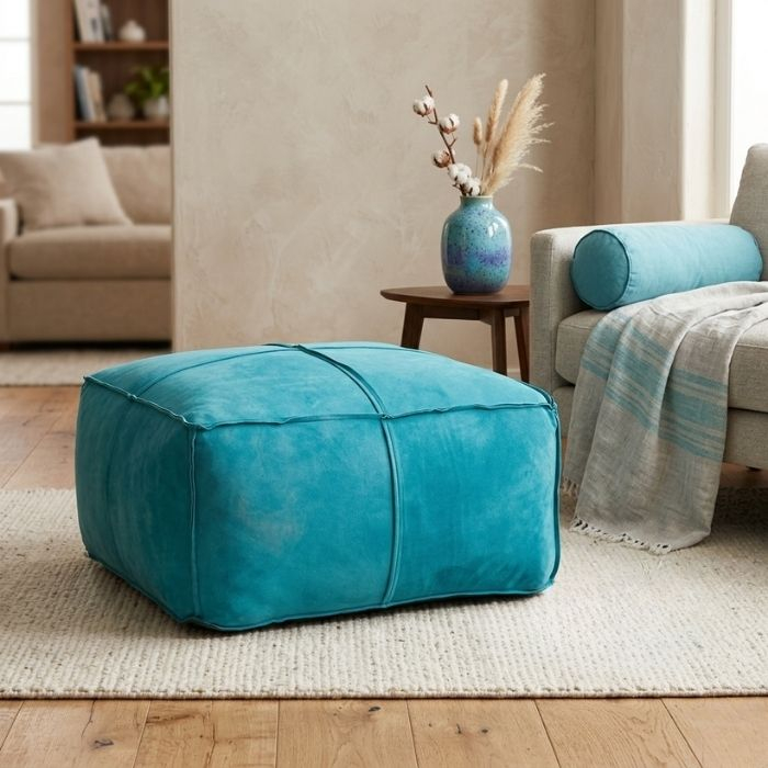 Poef lederen Turquoise. 