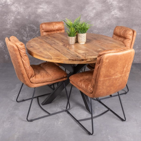 ronde eettafel 120 cm mangohout. Met zwart metalen spinpoot.