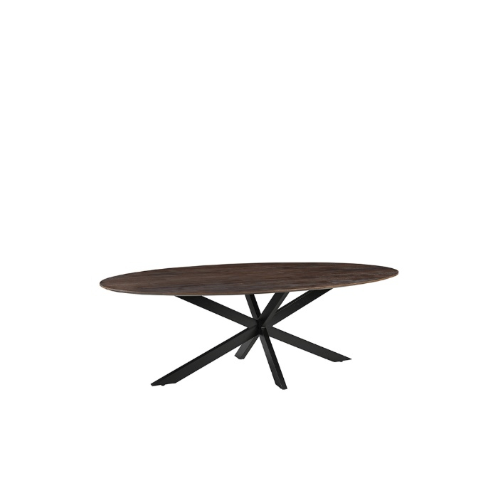 Eettafel Jens 160 cm in mangohout donkerbruin met spinpoot, schuin van voren
